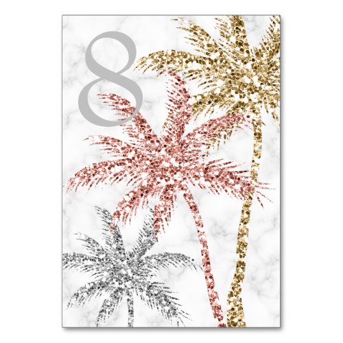 Beach Wedding Tri Gold Marble Palm Tree Leaves Table Number