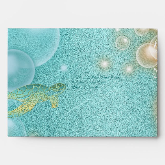 Beach wedding turtle blue white envelope (Front)