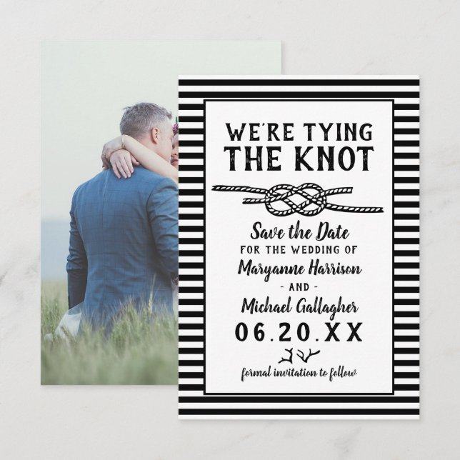 Beach Wedding Tying the Knot Modern Stripes Photo Save The Date (Front/Back)