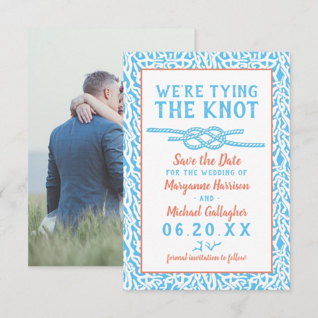Beach Wedding Tying the Knot Nautical Coral Photo Save The Date (Front/Back)