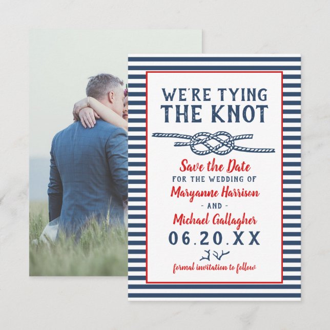 Beach Wedding Tying the Knot Nautical Stripe Photo Save The Date (Front/Back)
