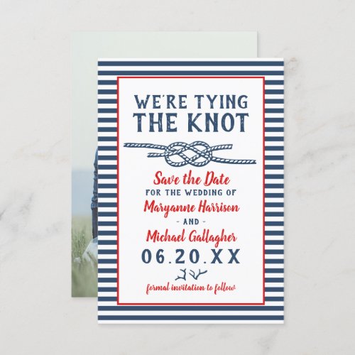 Beach Wedding Tying the Knot Nautical Stripe Photo Save The Date