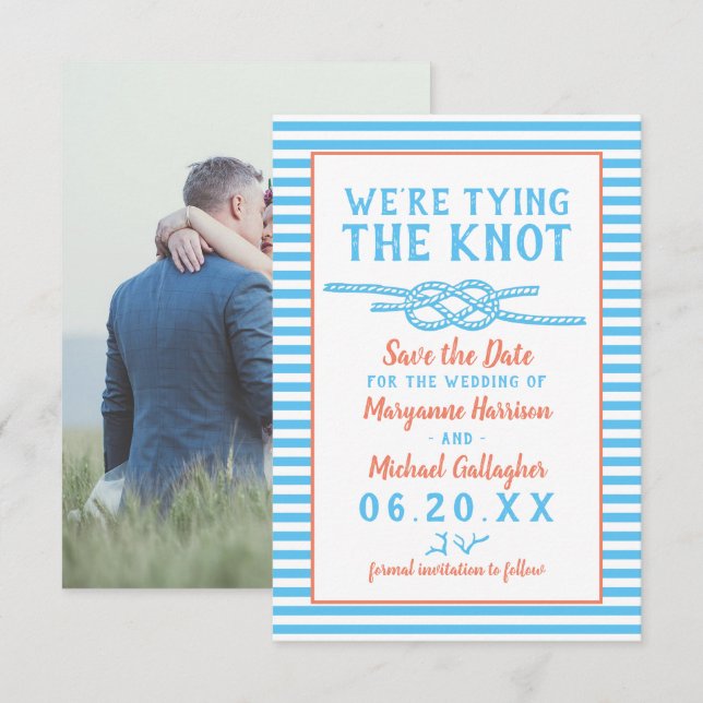 Beach Wedding Tying the Knot Nautical Stripe Photo Save The Date (Front/Back)