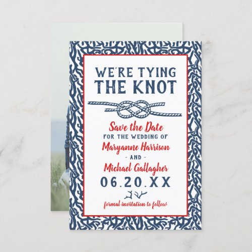 Beach Wedding Tying the Knot Navy Blue Coral Photo Save The Date
