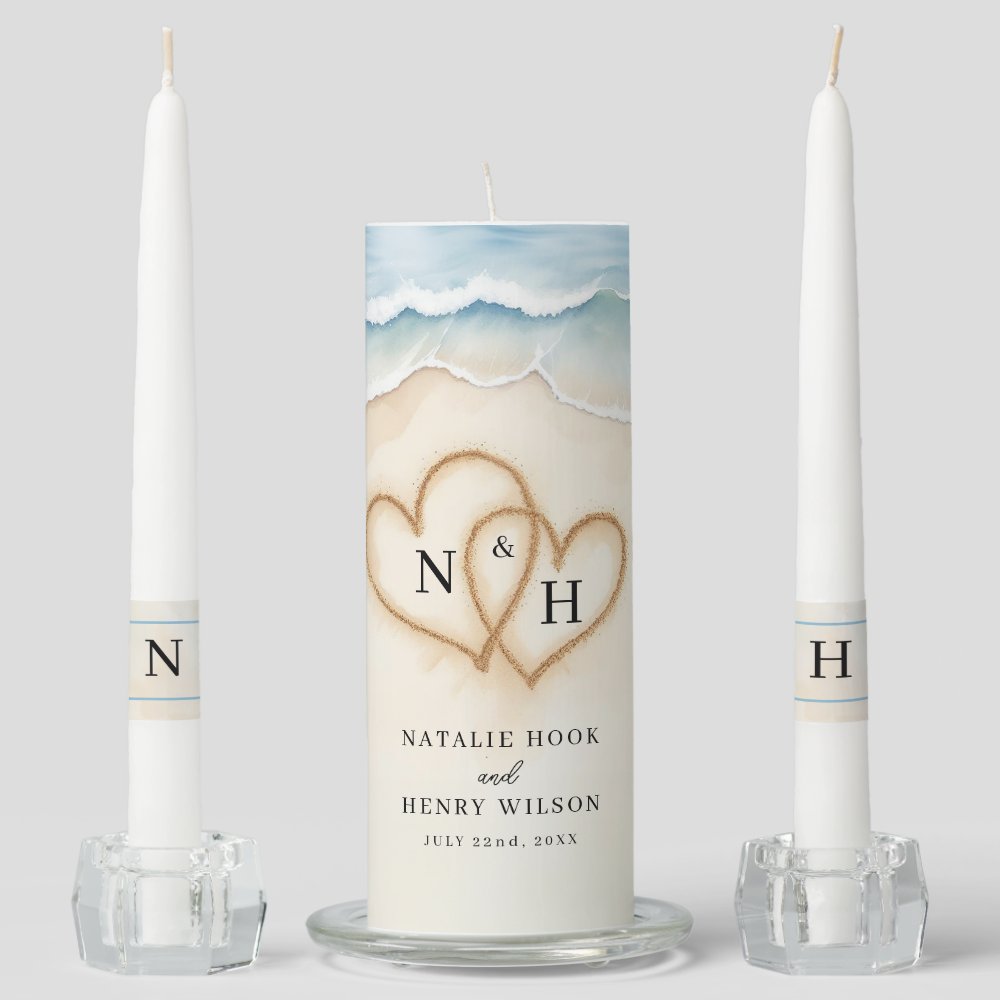 Beach Wedding Unity Candle Set with Sand Hearts