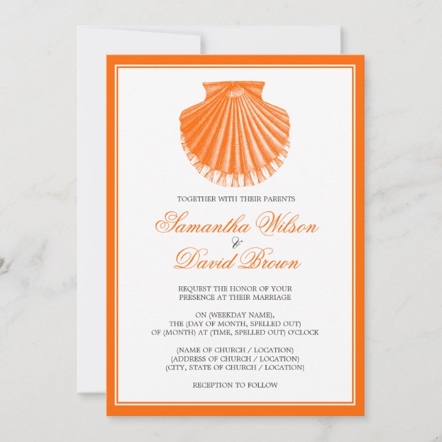 Beach Wedding Vintage Scallop Shell Orange Invitation (Front)