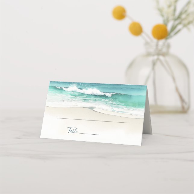 Beach Wedding Watercolor ocean Folded Place Card (Front)
