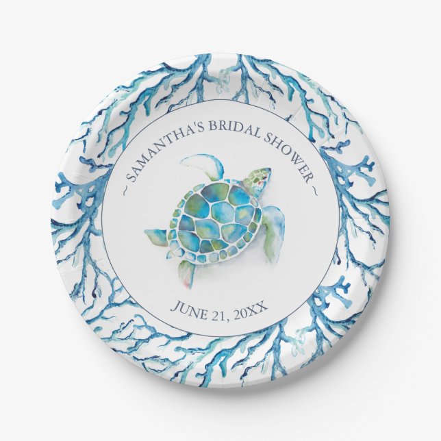 Beach Wedding Watercolor Sea Turtle Bridal Shower Paper Plates (Front)