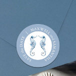 Beach Wedding Watercolor Seahorses Blue Classic Round Sticker<br><div class="desc">Designed to coordinate with my Classic Seaside Watercolor theme,  this sticker features watercolor sea horses in shades of coastal blue. Customize with your names,  save the date,  or whatever you like in white over a dusty blue background. Use as an envelope seal,  favor labels or personalized gift tags.</div>