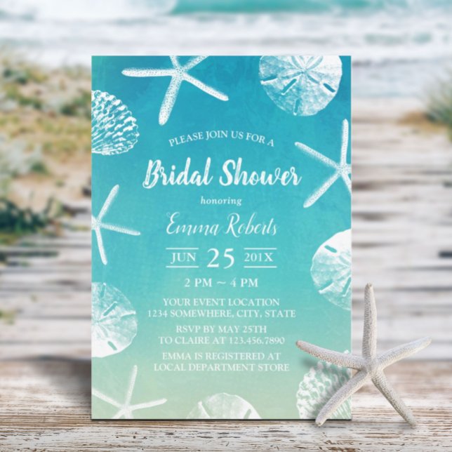 Beach Wedding Watercolor Seashells Bridal Shower Invitation
