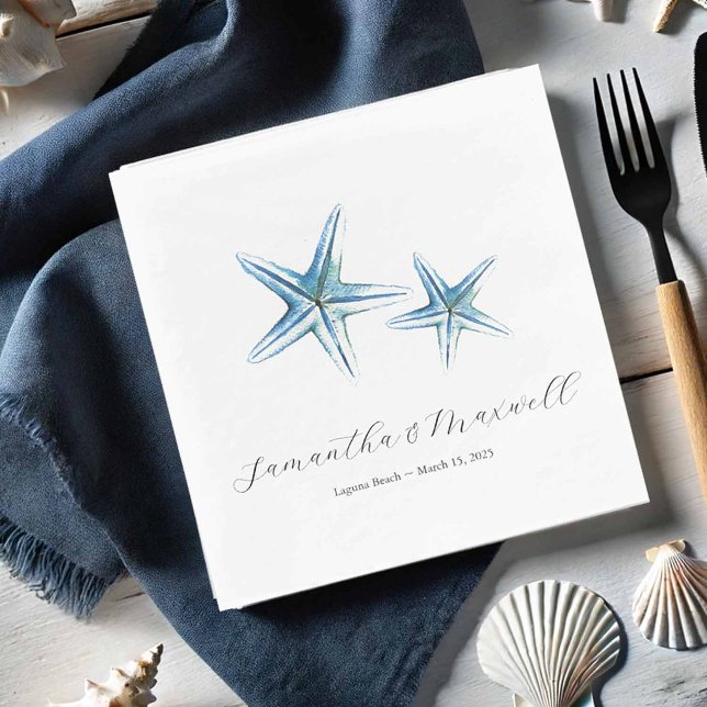 Beach Wedding Watercolor Starfish Napkins (Beach wedding cocktail napkins personalized with the bride and grooms names and blue starfish)
