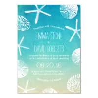 Beach Wedding Watercolor Starfish & Seashells Invitation