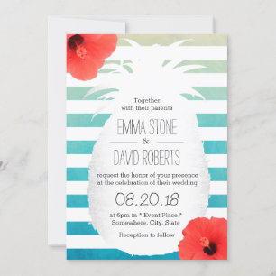 Beach Wedding Watercolor Stripes Pineapple Invitation