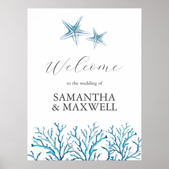 Beach Wedding Welcome Sign Watercolor Starfish (Front)