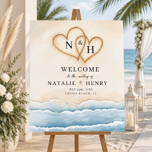 Beach Wedding Welcome Sign with Sand Hearts