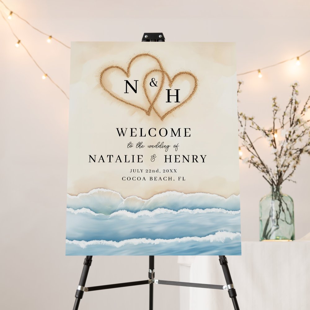 Beach Wedding Welcome Sign with Sand Hearts