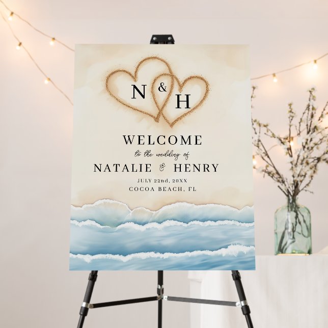 Beach Wedding Welcome Sign with Sand Hearts (In Situ (Stand))