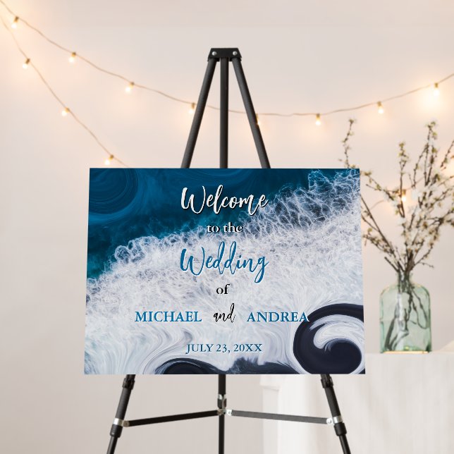 Beach Wedding Welcome Summer Ocean Blue Waves Chic Foam Board (In Situ (Stand))