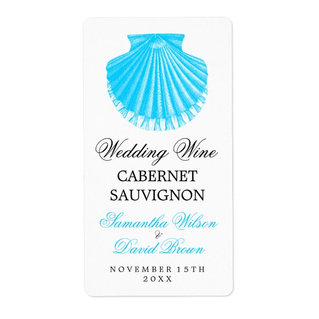 Beach Wedding Wine Label Vintage Scallop Shell Tur (Front)
