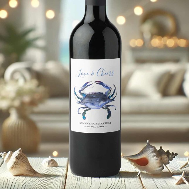 Beach Wedding Wine Labels Blue Crab (Beach wedding wine labels watercolor blue crab art by Victoria Grigaliunas Do Tell A Belle)