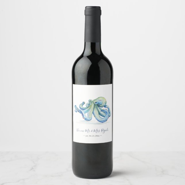 Beach Wedding Wine Labels Blue Octopus (Front)