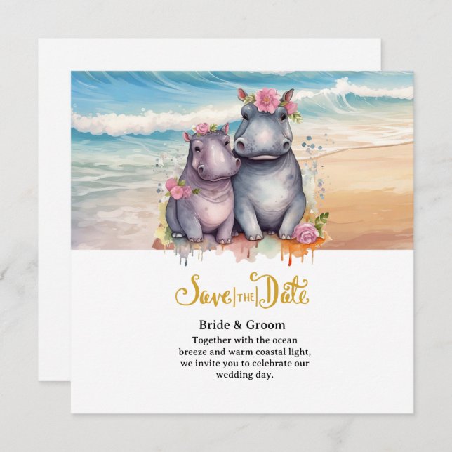  Beach Wedding with Hippo Couple  Save The Date (Front/Back)