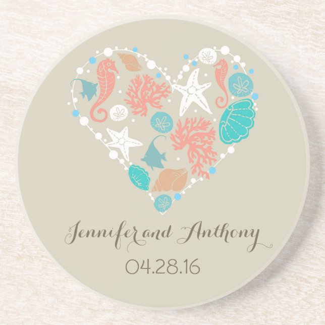 beach wedding with seashells drink coaster (Front)