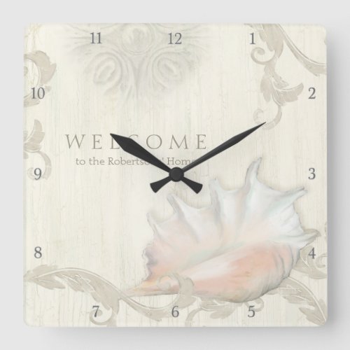 Beach Welcome Guest Decor Wooden Conch Shell Art Square Wall Clock
