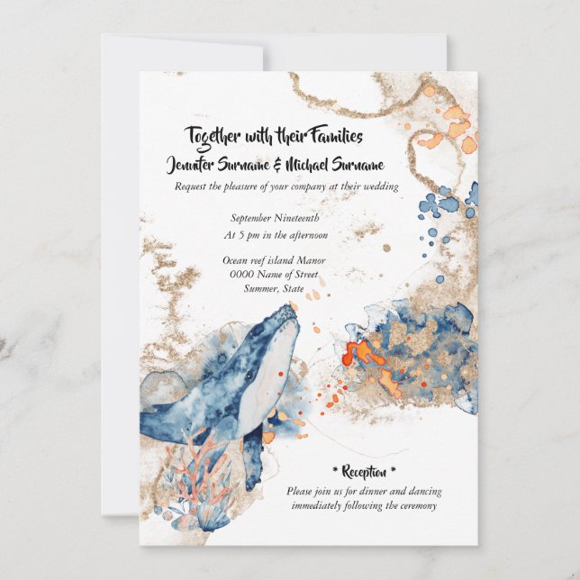 Beach whale starfish watercolor navy orange marine invitation (Front)