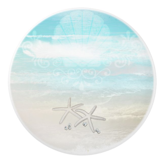 Beach White Starfish Elegant Summer Chic Tropical Ceramic Knob (Front)