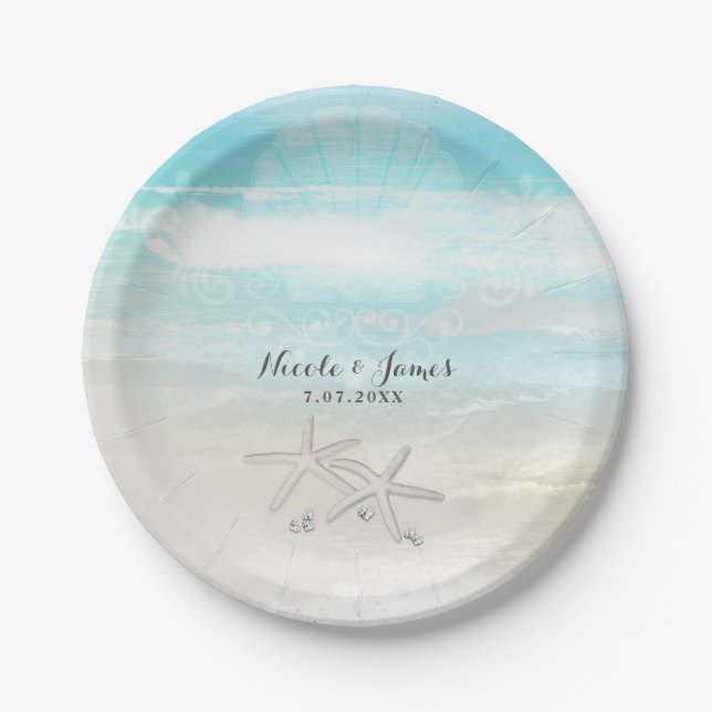 Beach White Starfish Elegant Summer Custom Party Paper Plates (Front)