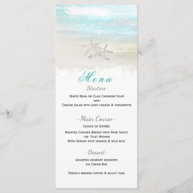 Beach White Starfish Elegant Summer Reception Menu (Front)