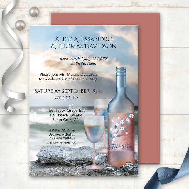 Beach Wine Post or After Wedding Invitation (Wedding reception invitation featuring a painting of a wine bottle with two glasses at the beach)