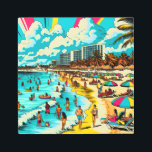 Beach with a Comic Book Pop Art Vibe<br><div class="desc">Pop art comic book style beachy summer art with a vintage vibes, Art depicts people having fun on the beach shoreline with hotels and and apartments buildings in the background,  pretty palm trees,  colorful umbrellas and a gorgeous blue cloudy sky.</div>