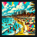 Beach with a Comic Book Pop Art Vibe Poster<br><div class="desc">Pop art comic book style beachy summer art with a vintage vibes, Art depicts people having fun on the beach shoreline with hotels and and apartments buildings in the background,  pretty palm trees,  colorful umbrellas and a gorgeous blue cloudy sky.</div>