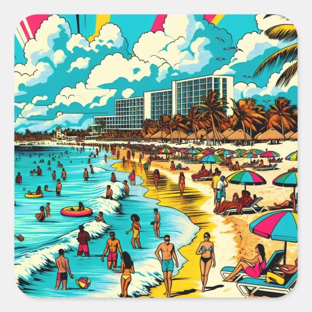 Beach with a Comic Book Pop Art Vibe Square Sticker (Front)
