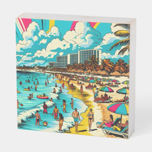 Beach with a Comic Book Pop Art Vibe Wooden Box Sign (Angled Horizontal)