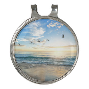 Beach with birds flying over the water Best Golf Hat Clip