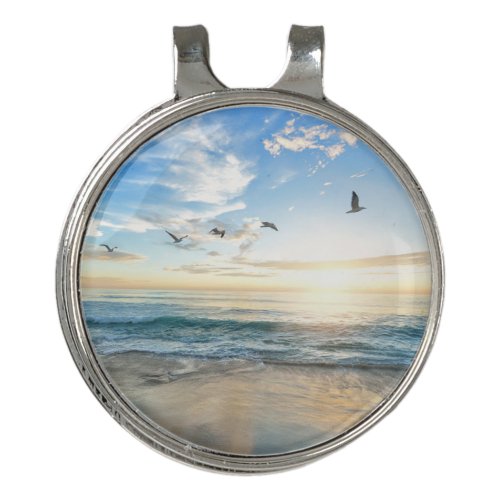 Beach with birds flying over the water Best  Golf Hat Clip