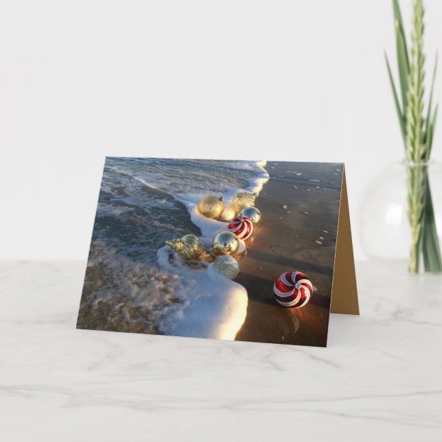 Beach with Christmas Ornaments Holiday Card (Front)