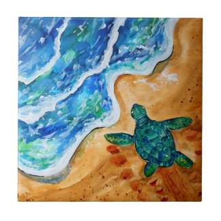 Beach with Green Turtle and Blue Ocean Waves Ceramic Tile