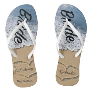 Beach With Hearts In Sand Bride Wedding Flip Flops