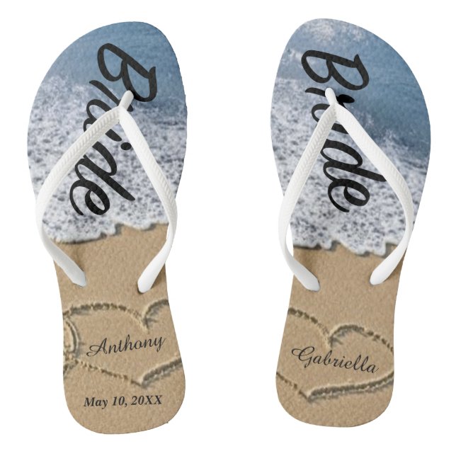 Beach With Hearts In Sand Bride Wedding Flip Flops (Footbed)