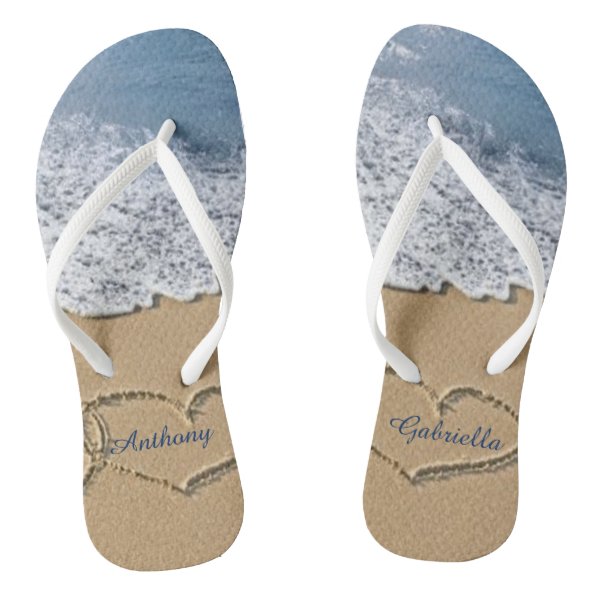 custom beach with hearts in sand personalized flip flops