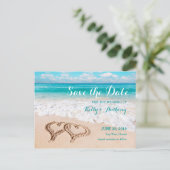 Beach with Hearts on the Sand Save the Date Card (Standing Front)
