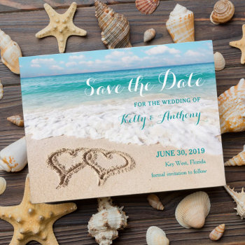 Beach With Hearts On The Sand Save The Date Card by marlenedesigner at Zazzle