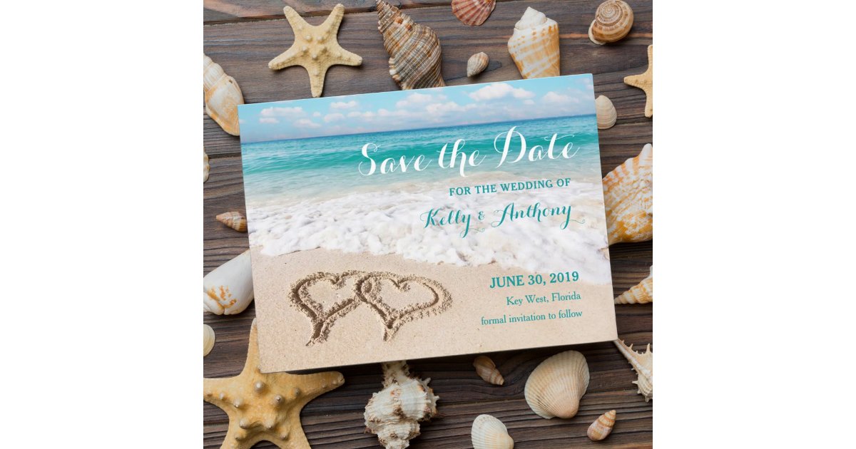 Beach with Hearts on the Sand Save the Date Card | Zazzle
