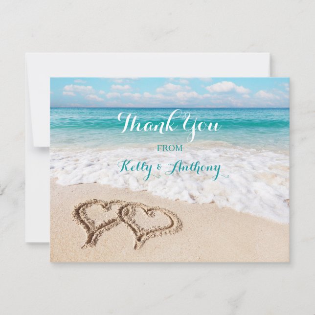 Beach with Hearts on the Sand Thank You Card (Front)