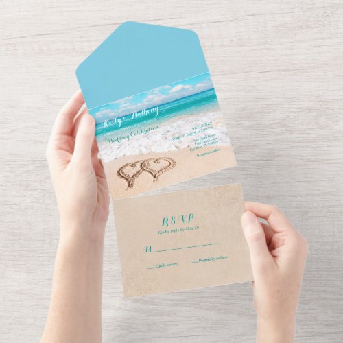 Beach with Hearts on the Sand Wedding All In One Invitation