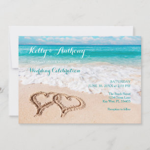 Beach with Hearts on the Sand Wedding Invitation